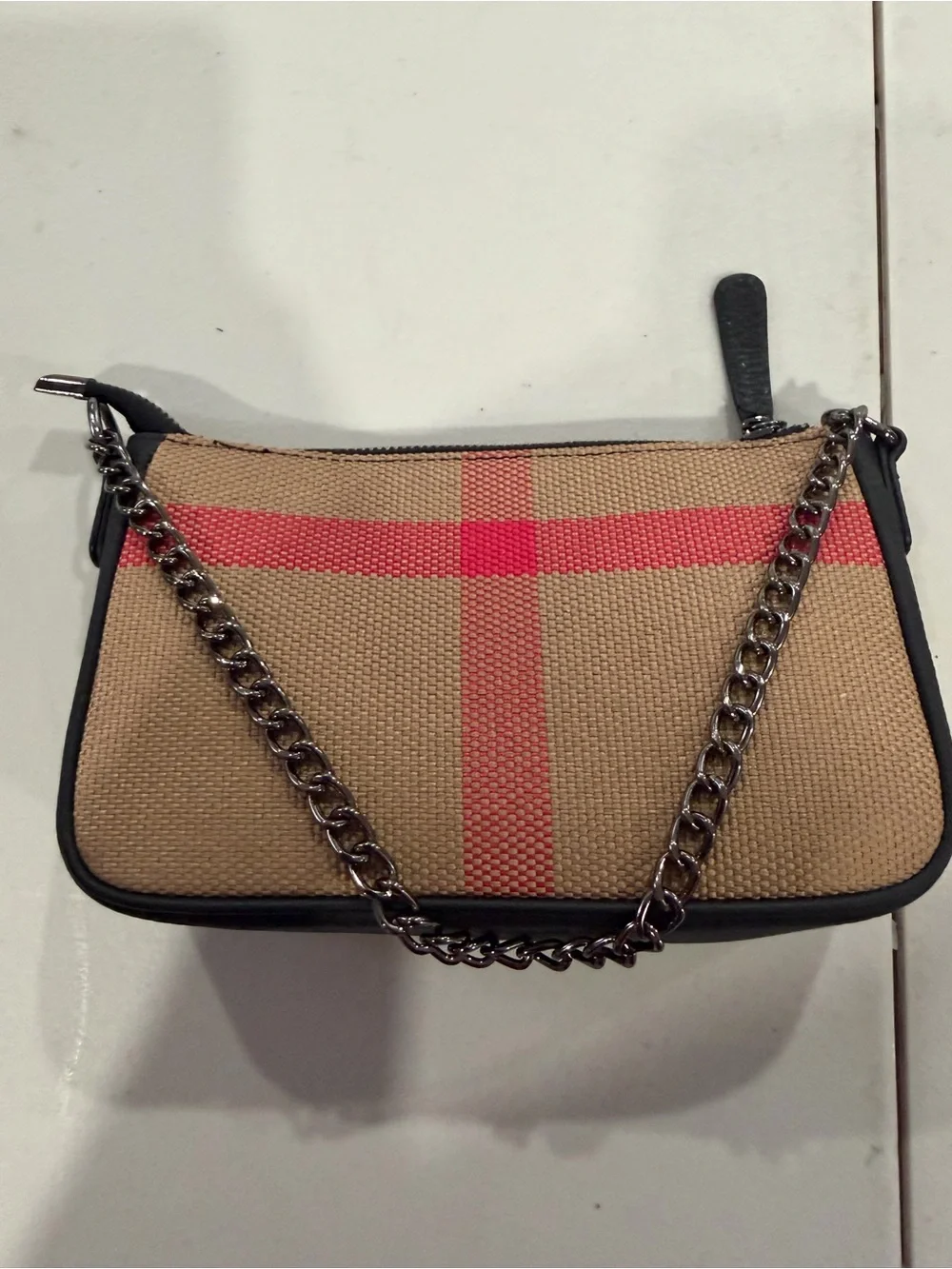 Classic Beige Canvas Crossbody Bag with Coral Stripe